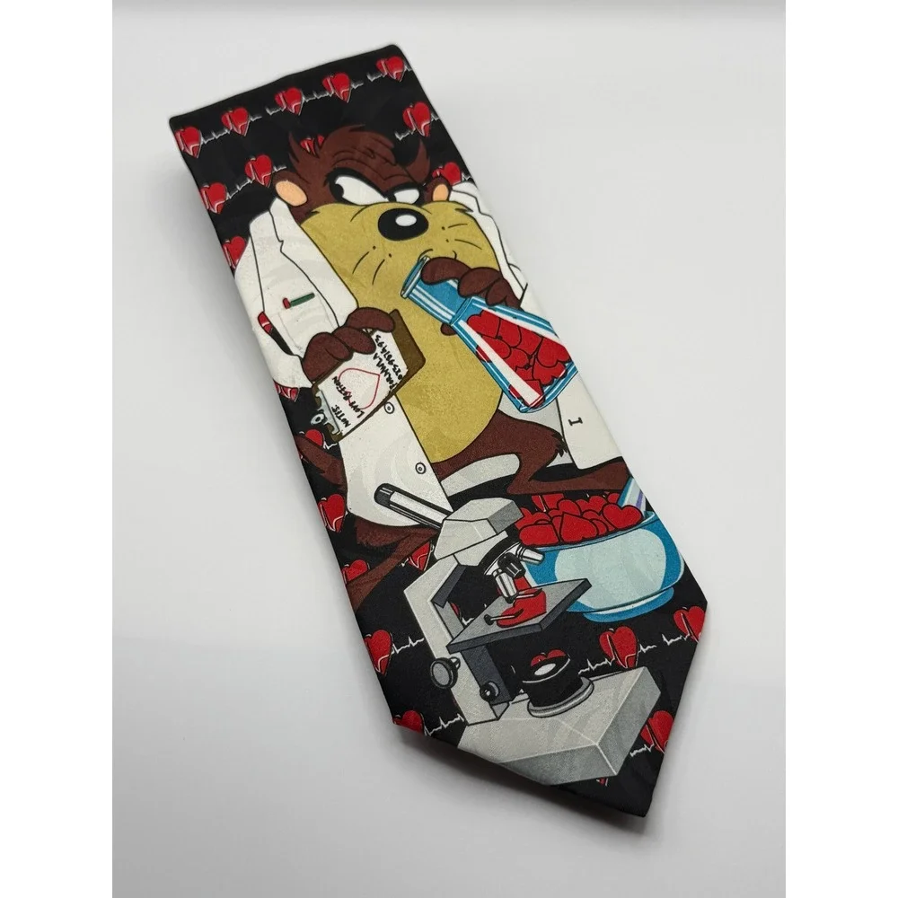 Looney Tunes Taz Scientist Heart EKG Tie OS Vintage 90s Cartoon Novelty Retro